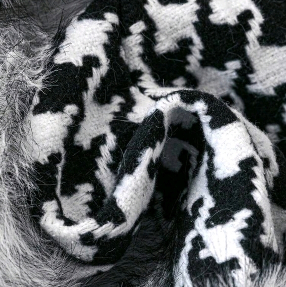 Fluffy Trimmed Houndstooth Print Belted Knitted Jacket - Picture 3 of 5